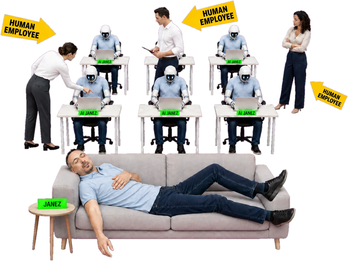 Fast asleep on a couch in the foreground while six robots in his own polo and jeans work at six laptops behind him, every desk plate reading AI JANEZ and his own reading JANEZ — and three people in shirts and tailored trousers run the floor, each tagged HUMAN EMPLOYEE
